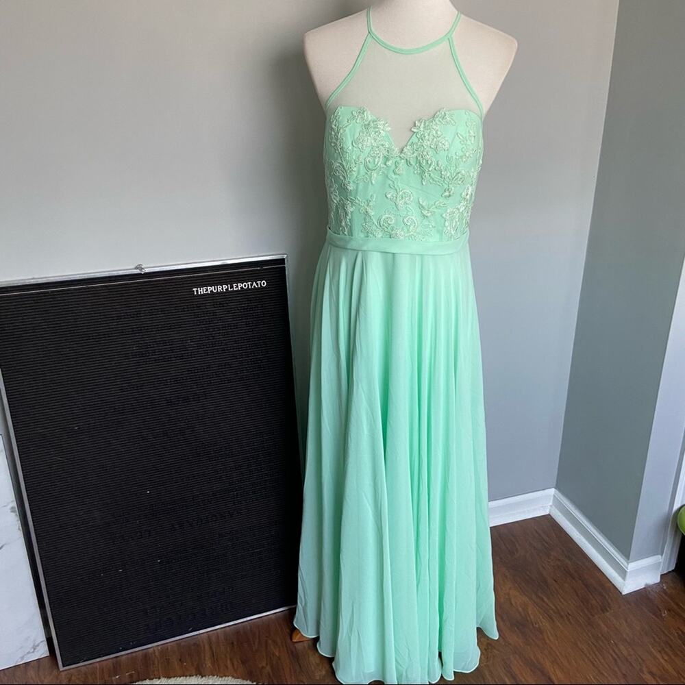 Azazie Mint Green Floral Lace Floor Length Bridesmaids Dress
